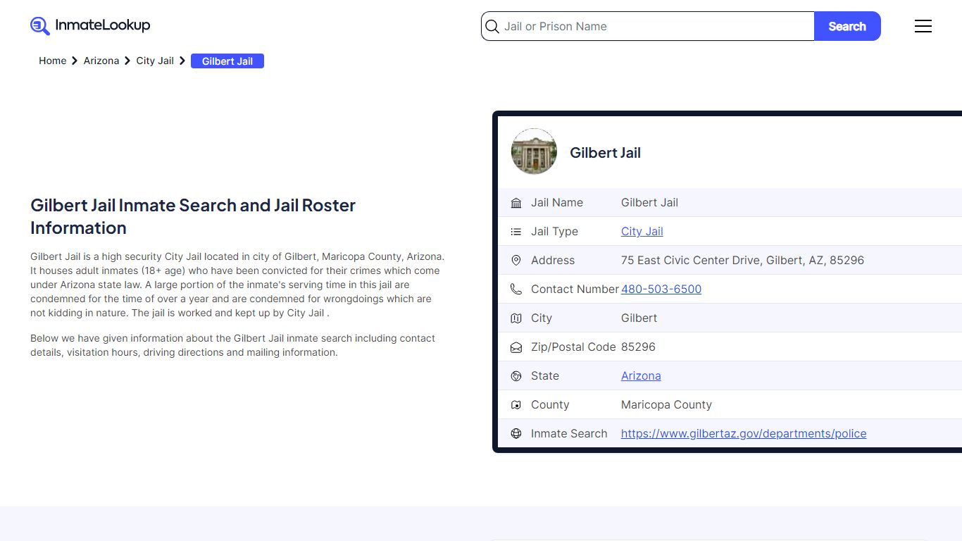Gilbert Jail Inmate Search and Jail Roster Information